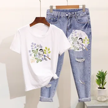 

Free Ankle-length O-neck Fly Polyester Sale Shipping Fashion Suit Women Summer 2020 New Beaded Flower Short Sleeve Tees Jeans