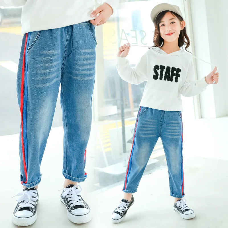 

Girls Side Stripes Jeans Spring And Autumn Baby Korean-style Loose Casual Pants Children Straight-leg Pants New Style Childrensw