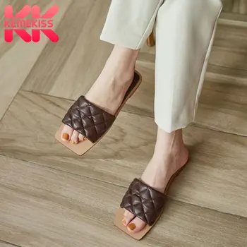 

KemeKiss 2020 New Women Sandals Shoes Fashion Low Heels Shoes Women Good Leather Slippers Ladies' Slip On Footwear Size 34-40