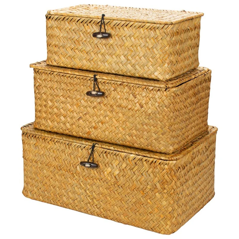 

Woven Wicker Storage Bins with Lid - Set of 3 - Rectangular Seagrass Basket/Storage Basket For Shelf Organizer