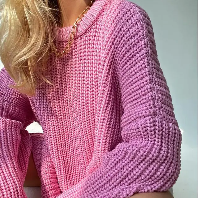 Women Solid Knitted Thickening Oversized Sweater Female Round Neck Long Sleeve Casual Loose Pullovers Top 2021 Autumn Winter Pink 2