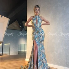 Сексуальный праздничный официальный Вечерний платья с высоким воротом, с разрезом сбоку, с блестками, Арабская, Дубай, женские длинные платья, вечерние