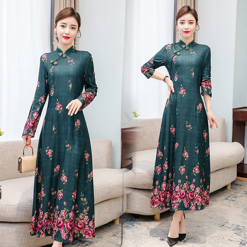 

Chinese-style nian qing kuan Improved Cheongsam Dress Women's 2020 Early Spring New Style Chinese Style Retro Frog Printed Dress