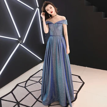 

Lady Blue Bling Formal Party Dress Sexy Off Shoulder Cheongsam Elegant Classic Lace Up Qipao Noble Slim Pleated A-line Vestidos