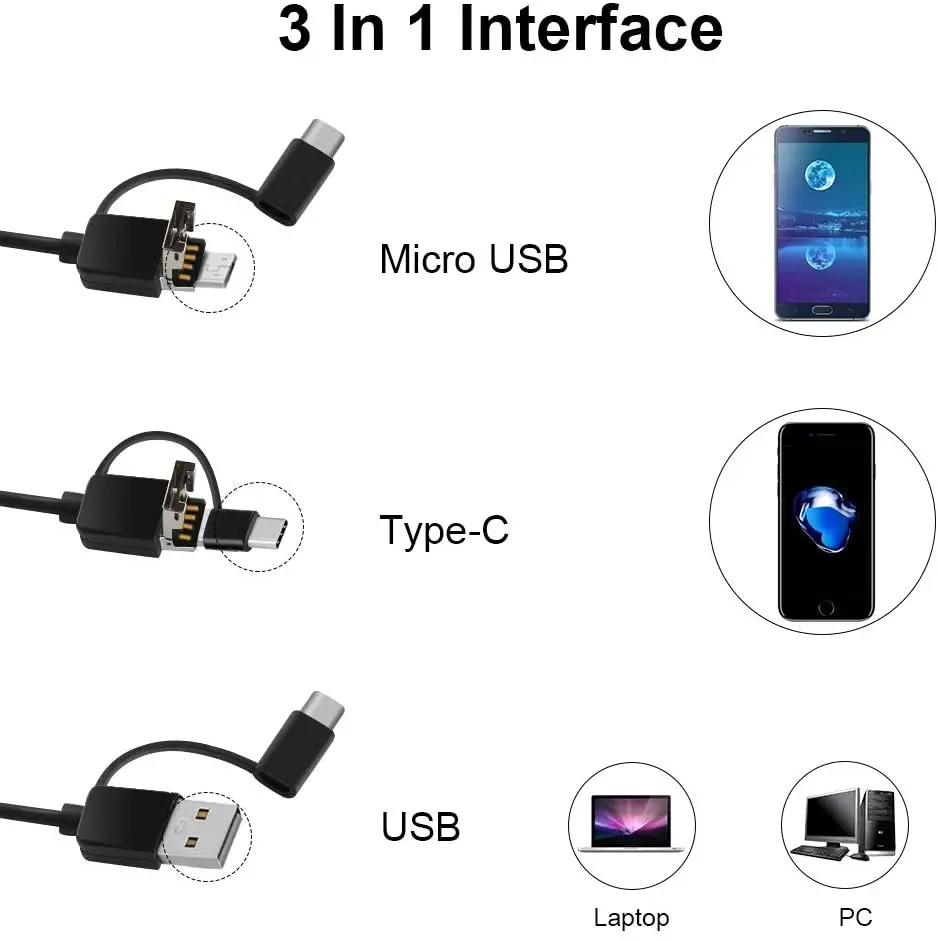 3 в 1 эндоскоп мини камера Espia объектив 5 мм для Android OTG/Type C/USB Водонепроницаемый