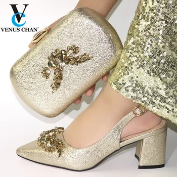 

Gold Color New Design Nigerian Elegant Shoes And Bag To Match Set Italian Comfortable Heels Party Shoes And Bag Set For Wedding