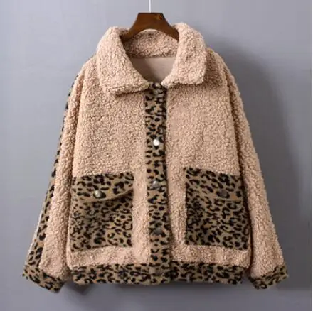 Khaki Пальто из искусственного меха зимняя куртка женская Тедди с леопардовым принтом искусственная кожаная куртка негабаритная уличная ветровка куртка толстое теплое пальто - Цвет: Khaki