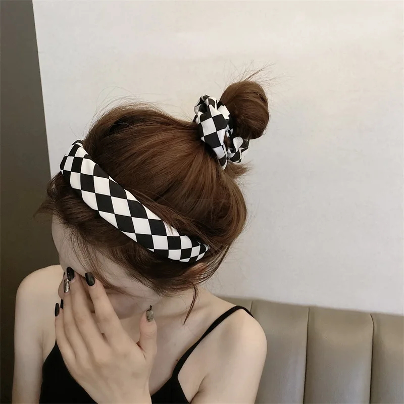 

Checkerboard series headgear black and white lattice large intestine circle hair rope hair bow female girl fashion accessories