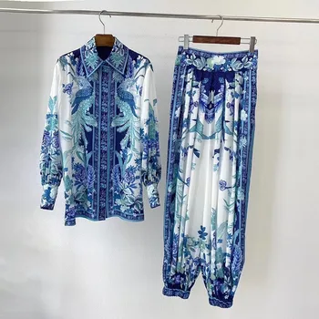 

Hot Sale 2 Pieces Blouses and Pants Set 2020 Spring Peacock Placing Print Long Sleeve Blue Twill Shirts + Elastic Wasit Trousers