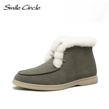 Smile Circle Women Snow Boots Natural fur Genuine Leather Ankle Boots Winter Comfortable Flat Wool Boots Women Shoes 4