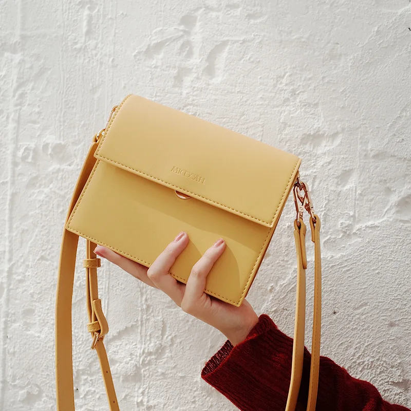 

Fashion Women Candy Color PU Leather Crossbody Bags Small Square Bag Double Wide Shoulder Strap Ladies Messenger Bag Box Flap