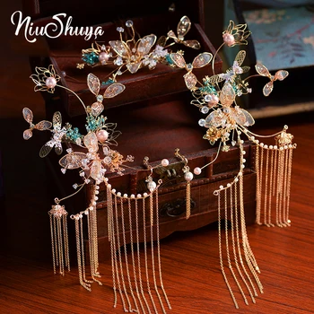 

NiuShuya Chinese Classical Hanfu Hair Accessories Vintage Bride Costume Crystal Butterfly Flower Wedding Headdress Accessories