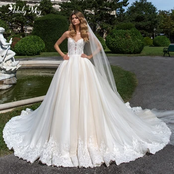 

Adoly Mey New Arrival Elegant Scoop Neck Button A-Line Wedding Dress 2020 Luxury Beaded Appliques Court Train Vintage Bride Gown