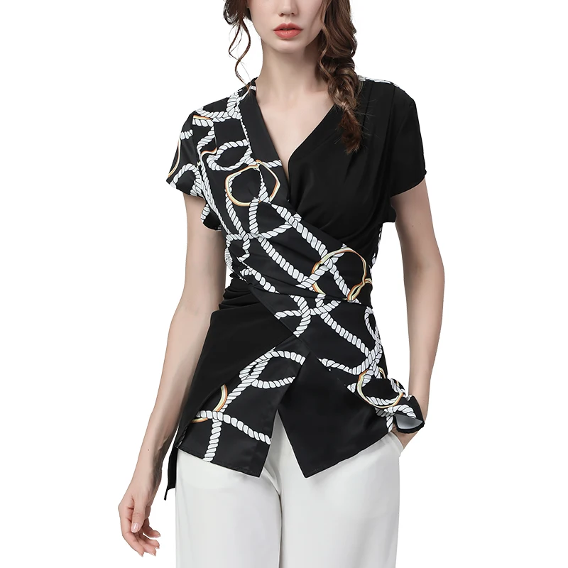 Fashionable Thin Female Shirt Spliced Printed Slim V-Neck Ladies Top Short Sleeved Temperament Elegant Women Summer Blouses New 5
