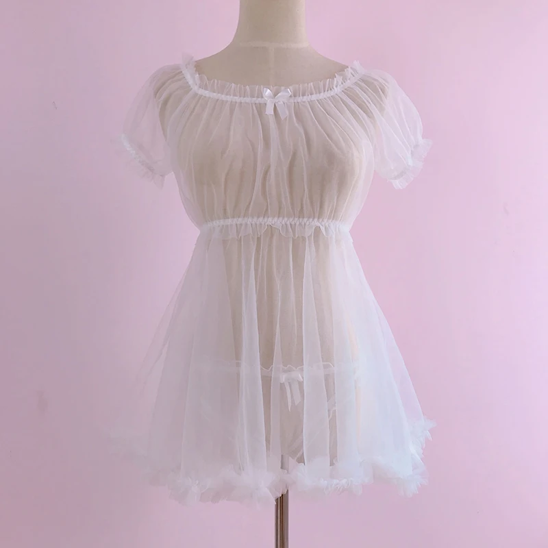 Черная Пижама Лолита Kawaii шифоновое платье белый розовый прозрачный прекрасный сексуальный кружевной белье Милая принцесса ночная рубашка - Цвет: Белый