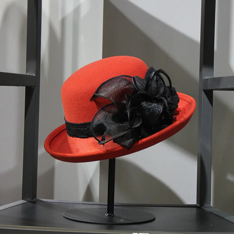 Цветок из пряжи с пером Fedoras элегантная женская фетровая шляпа модная шапка - Цвет: Оранжевый