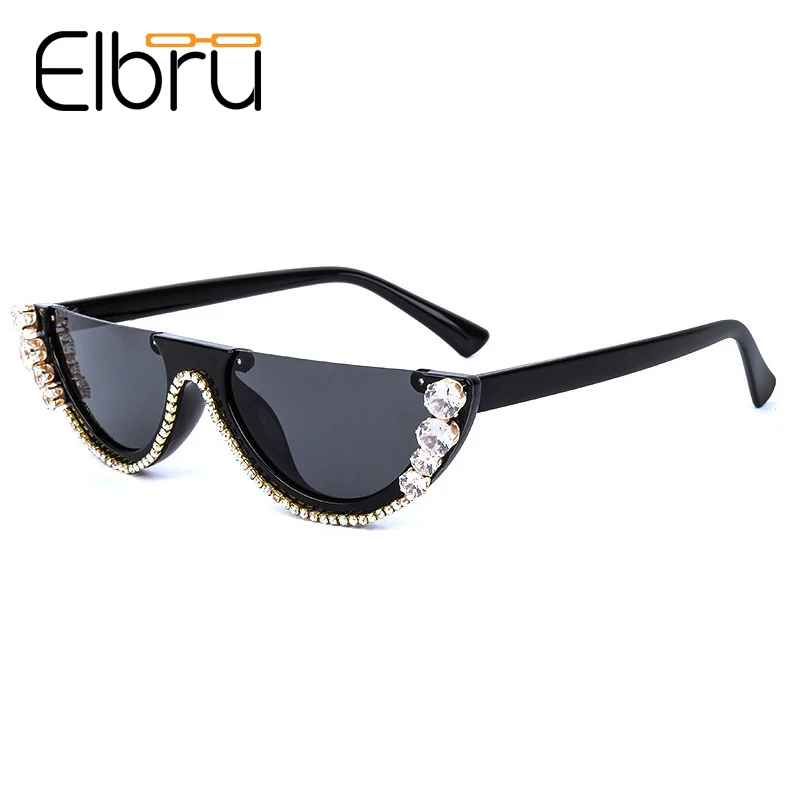 

Elbru Rhinestone Half Frame Rimless Sunglasses Trendy Diamond Cat Eye Sun Glasses Shade Mirror UV400 Glasses For Women