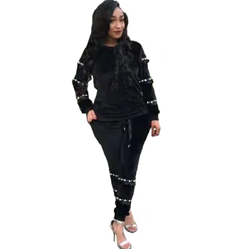 

Women Velvet Tracksuits 2 Piece Set Beading Top Sweatshirt and Pant Casual Suit Velour Sweatsuit Two Piece Set Winter Outfits