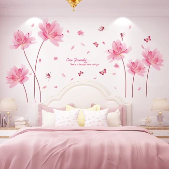 

[shijuekongjian] Pink Color Flowers Wall Stickers DIY Plant Elf Wall Decals for Living Room Bedroom Kitchen House Decoration