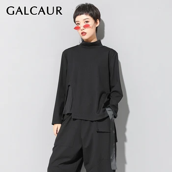 

GALCAUR Patchwork Irregular T-shirt For Women O Neck Long Sleeve Plus Size Lace Up Female Shirts 2020 Autumn Winter Fashion New