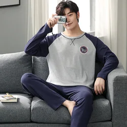 Mens Pajamas Spring  Autumn Long-sleeved  Trousers Cotton Simple Pullover Men's Lounge Large Size Sleepwear Set L-4XL