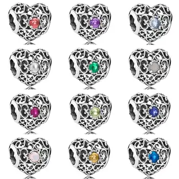 

Real Openwork Month Signature Heart Birthstone Bead 925 Sterling Silver Original Charm Fit Bracelet Bangle DIY Jewelry