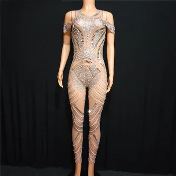 

Sparkly Full Stones Mesh Jumpsuit Prom Luxury Bodysuit Outfit Party Celebrate Glisten Leggings Costume stretch Rompers