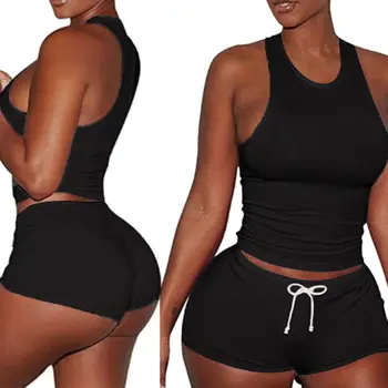 

Womens 2 Piece Active Sports Outfits Sexy Sleeveless Racerback Tank Tops Bodycon Shorts Romper Jumpsuit Solid Color Tracksuit