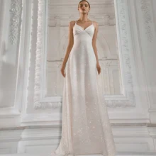 Sparkly Wedding Dress for Bride Sleeveless Exquisite Spaghetti Straps Ribbon Sexy Backless Jersey V-Neck Bridal Gown Court Train