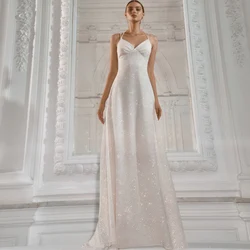 Sparkly Wedding Dress for Bride Sleeveless Exquisite Spaghetti Straps Ribbon Sexy Backless Jersey V-Neck Bridal Gown Court Train