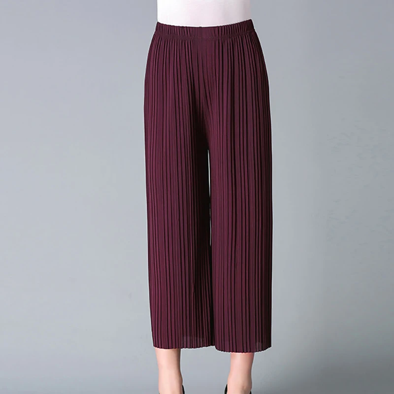 Wide Leg Pants Women Solid Color Loose Pleated Pants Elastic Mid-Waist Tie Straight Casual Female Pants