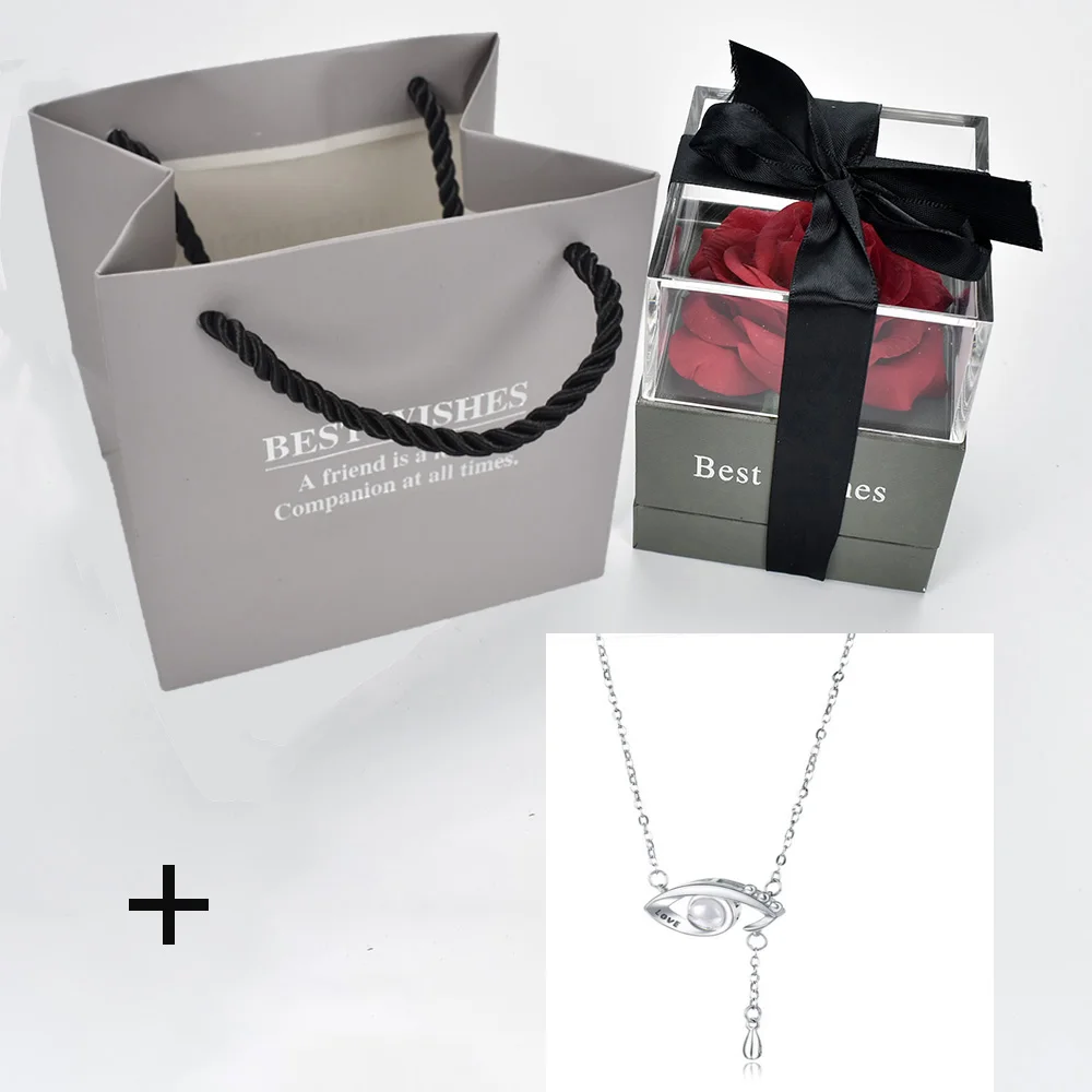 red with necklace 14 Красный цветок розы коробка ювелирных изделий декоративные цветы держатель Чехол 100 языков я люблю тебя Романтическая любовь ожерелье для девушки подарок - Цвет: red with necklace 14