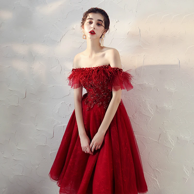 SSYFashion/Новые Элегантные красные коктейльные платья для банкета невесты, кружевной вырез лодочкой, с аппликацией, перья, винтажные вечерние торжественное платье