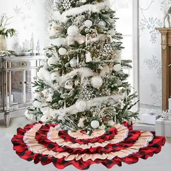 

Linen Red Christmas Tree Skirts Cake Plaid Lace Velcro Carpet Blanket Floor Cover Home Party New Year Decorative Accessories