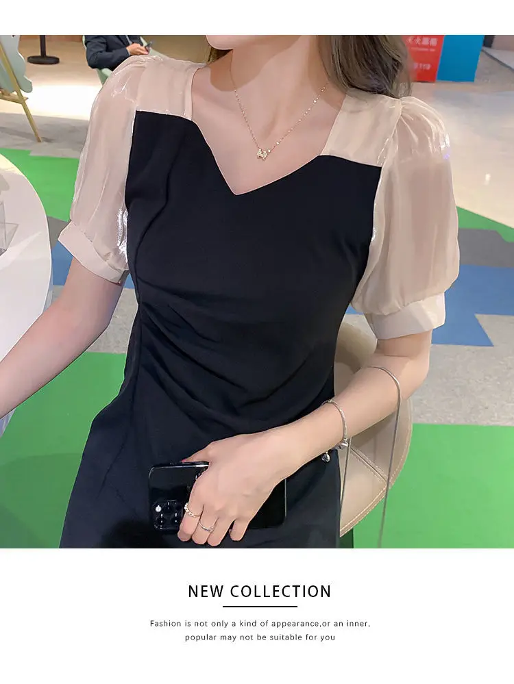 Dress Women Sexy Patchwork Leisure Holiday Party Female Side-slit Elegant Puff Sleeve Abdomen Two-length Fashion Design Summer party dresses for women