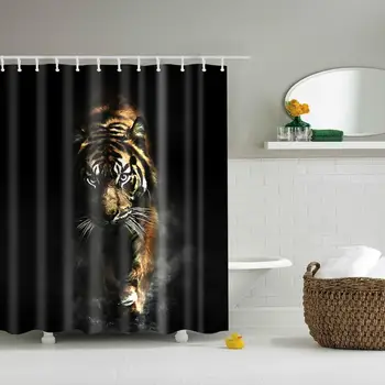 

Waterproof Thicken Polyester 3D Black Shower Curtain Walking Tiger Mildew Proof Bath Tub Curtain with 12 pcs Hooks