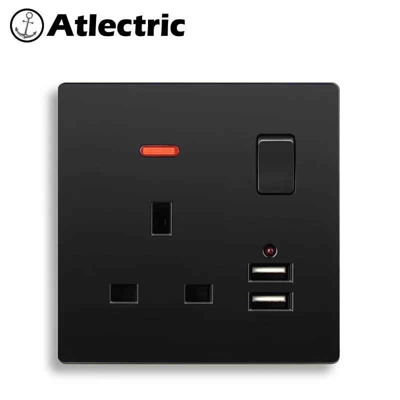 

Atlectric UK Standard Plug Socket Dual USB Charging Port Power LED Indicator Power Wall Outlet Socket With Switch