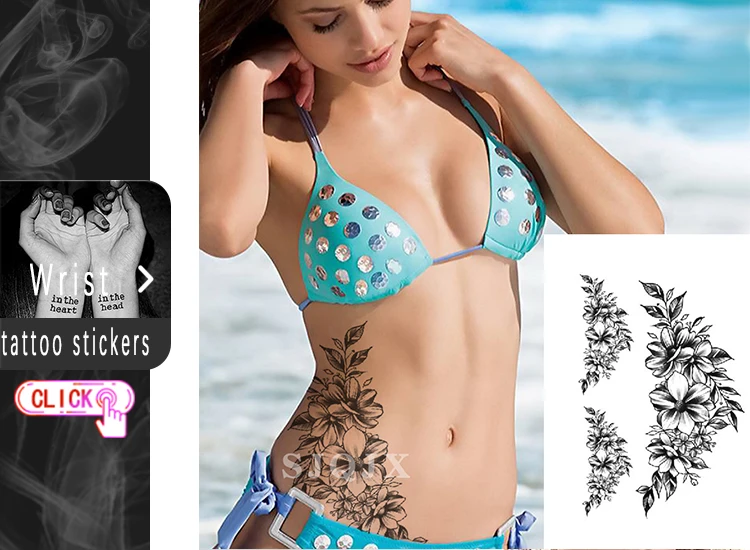 Черный цветок розы поддельные татуировки наклейки для женщин акварельные временные Лотос девушки сексуальные боди-арт Татуировка на руку Переводные татуировки на талию