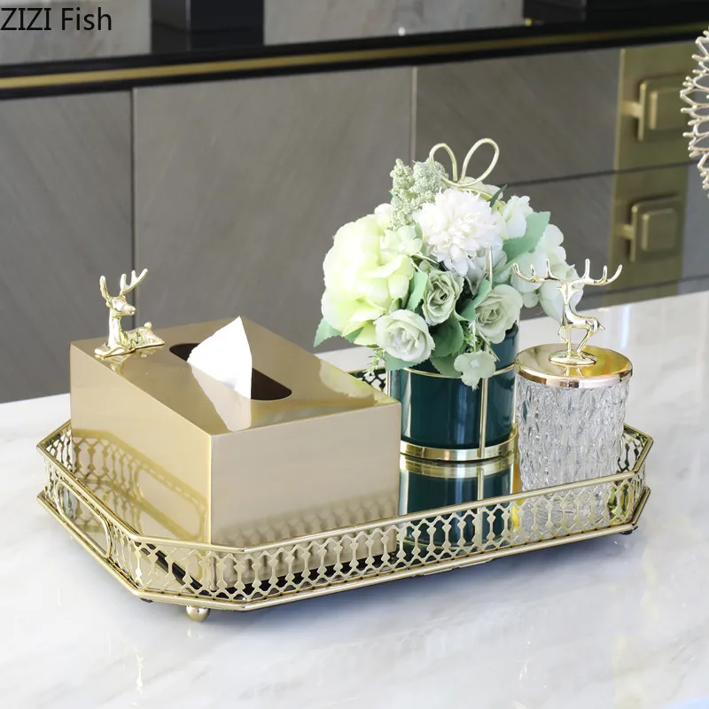 Classic European Metal Golden Square Tissue Box Roll Paper Storage Home Living Room Coffee Table Desktop Tissue Box Home Decor