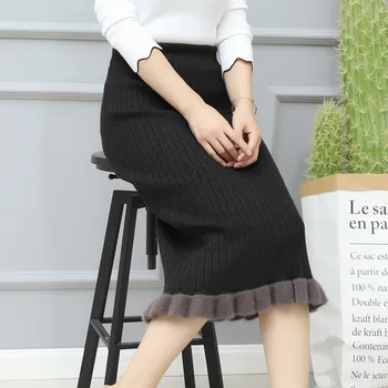 

Elegant Women's High Waist Knitting Long Skirts Winter Patchwork Knit Midi Pencil Skirt with Ruffles Hems