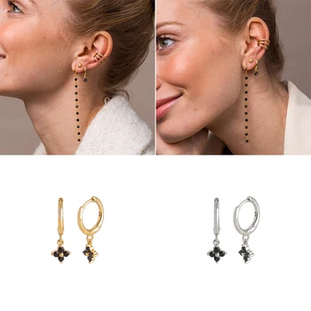 

Luxury Bling Black Stone 100% 925 Sterling Silver Hanging Hoop Earrings For lovers' Wedding Engagement Gift EarBone Fine Jewelry