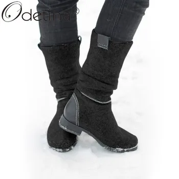 

Odetina New Women Slip On Chunky Low Heel Mid Calf Boots Thick Heel Round Toe Winter Keep Warm Boots Casual Shoes Plus Size 48
