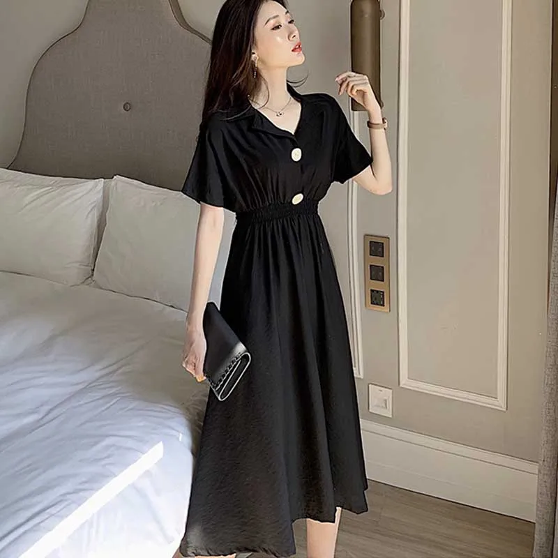 Vintage Summer Office Dresses For Female One-Piece Elegant Lapel Waist Dress Women Fashion Korean Plus Size Dress Vestidos 2020