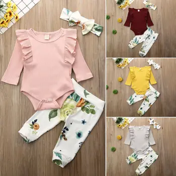 

CANIS Autumn Winter Baby Girl Knitted Long Sleeve Ruffles Tops+Flower Printed Leggings Pants Headband Clothes Set