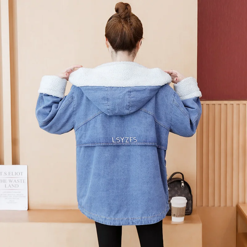 

2019 New Style Korean-style Lambs Wool Students Loose-Fit Hooded plus Velvet Thick Cotton fu niu zi Coat Tops Women's