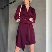 

Sister Fara Elegant Satin Bow Split Dresses for Women's Spring High Waist Mini Dress Autumn Ladies Lace Up Red Wine Casual Dress