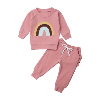 

Baby Set 2 Pcs Kid Baby Girl Autumn Winter Rainbow String Bandage Ruffle Pant Tracksuit Print Autumn Spring Cotton Free Shipping