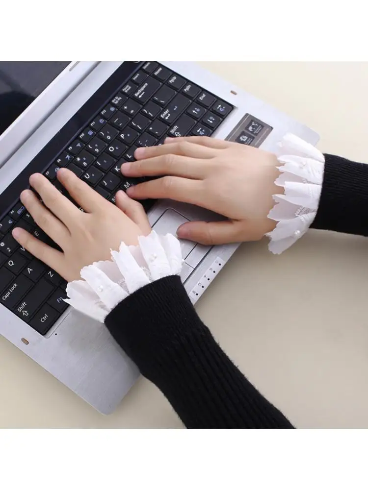 Korean Women Double Layer Chiffon Horn Cuff Ruffled Lace Imitation Pearl Beading Detachable False Fake Sleeves Bracelet |