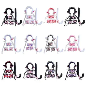 

Women Anime Lolita Cosplay Costume Accessory Cat Ears Headband Lace Bowknot Bell Choker Necklace Wristband with Plush Tail