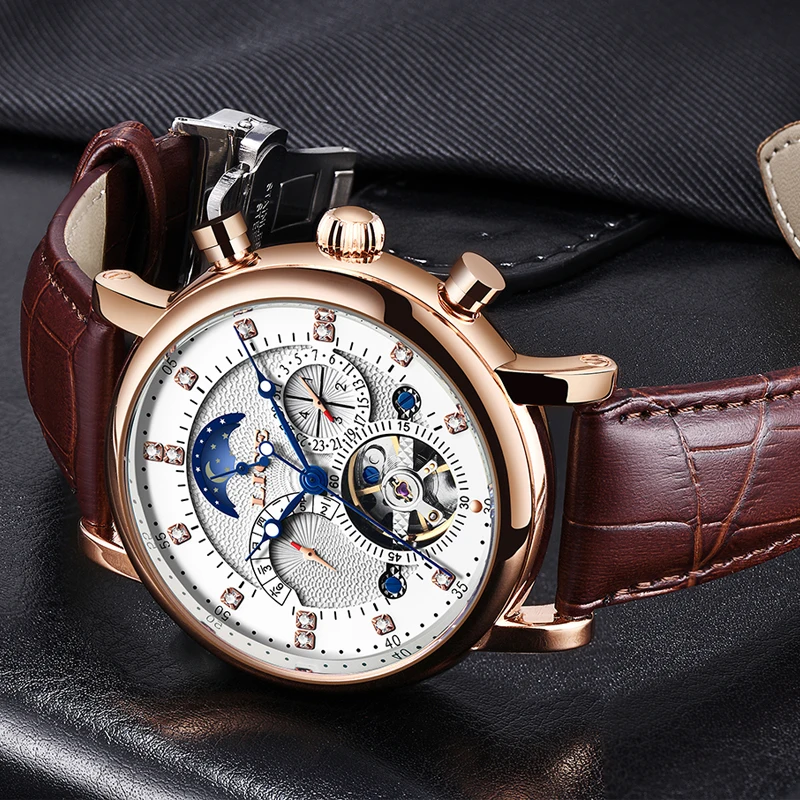 Бренд lige кожаный ремешок мужские механические часы Роскошные Tourbillon светящиеся водонепроницаемые автоматические часы Relogio Masculino